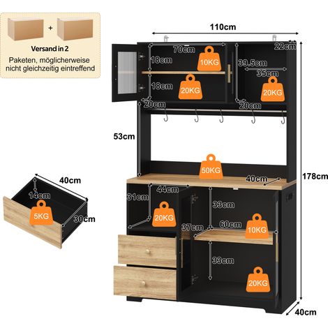 Meuble de rangement cuisine 178 cm, colonne haute lumineuse LED, étagère avec prise intégrée, buffet vitré en verre sécurisé, porte-bouteilles, noir finition bois renforcée (1/5)