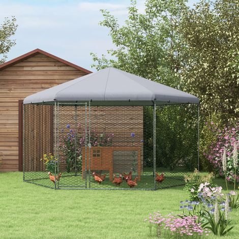 Poulailler 400 x 346 x 263 cm en enclos extérieur en acier, cage à poules avec couverture, porte, enclos pour 10-15 poules, petits animaux, gris (1/5)