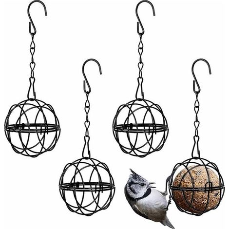 Comederos para pájaros - Soportes para bolas de grasa - Alimentación de aves - Jaula de alambre resistente - 4 piezas - Metal (1/5)