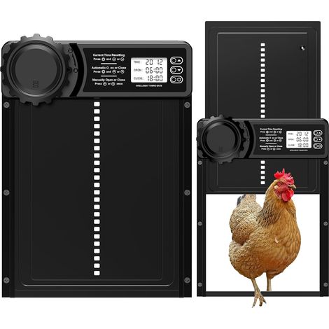 Porte Poulailler Automatique Batterie avec Écran LCD Programmable Étanche, Porte Automatique Poulailler en Aluminium avec Minuterie, Fonction Anti-pincement, Ouvre-Porte Vertical, Noir (1/5)