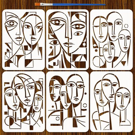 6pcs Pochoirs de Personnage Abstrait avec Pinceau 29.7x21cm Pochoirs de Peinture Visage Humain Abstrait Thèmes Humains Modèle PET pour Bois Carrelage Mur Meuble Tissu Scrapbook DIY (1/5)