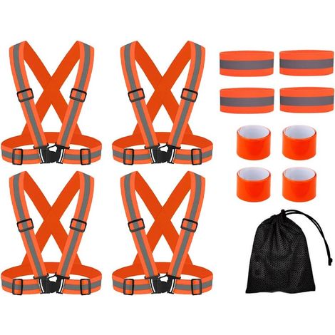 4 Pièces Gilet Réfléchissant Vélo+4 Pièces Bracelet Réfléchissant Réglable+4 Pièces Brassard Reflechissant, Harnais de Reflechissant Réglable Gilet, Unisexe pour La Course, Le Vélo, La Moto (1/5)