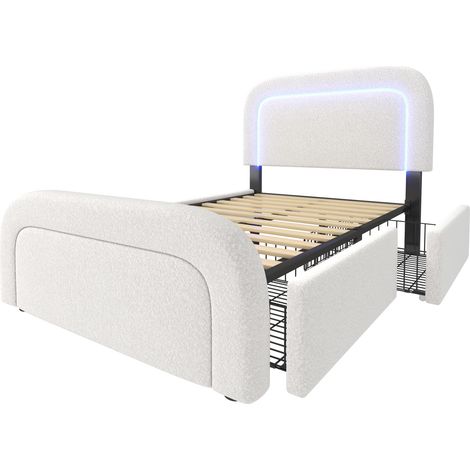 Cama individual tapizada 90x200 cm con LED, USB-C, 2 cajones y cabecero regulable blanco (1/5)
