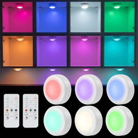 Lot de 6 Lampes LED Sans Fil à Pile, Éclairage LED Cuisine Sous Meuble avec Télécommande, Lampe de Placard RGB Blanc Chaud, Spot LED Tactile avec Variateur et Minuterie pour Vitrine, Armoire (1/5)