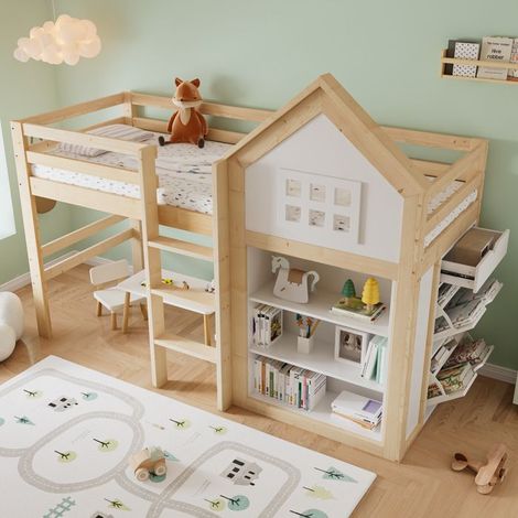 Lit mezzanine - 90x200 Enfant - Avec rangements et tiroirs - Marches et barrière de sécurité - Pin+MDF blanc/naturel