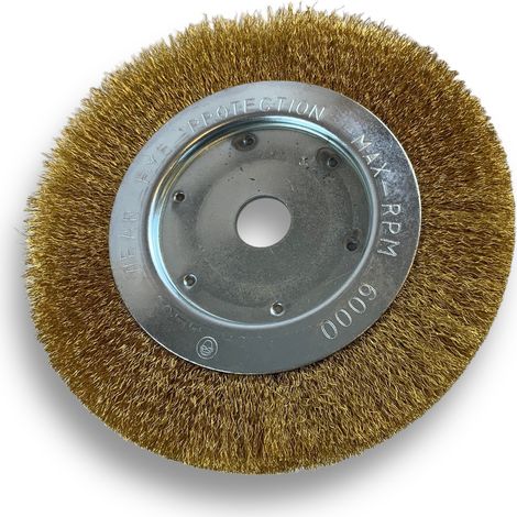 Brosse circulaire LAITON  Ø 175 mm  Epaisseur 1 rang  Fil dur 0.30 mm ondulé  Alésage 20 mm + réducteur bague 16/12 mm  Touret meuleuse affûteuse ponceuse  Kibros 214176LT (1/5)