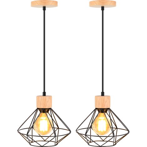 2 Pack Pendant Light Retro Vintage Chandelier Industrial Metal and Wood Cage Ceiling Light in Diamond Shape for Bedroom Living Room Black (1/5)
