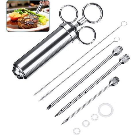 Seringue à marinade en acier inoxydable pour BBQ & Cuisine – Seringue à viande avec 3 aiguilles – Injecteur de marinade pour viande, poulet, pulled pork et barbecue