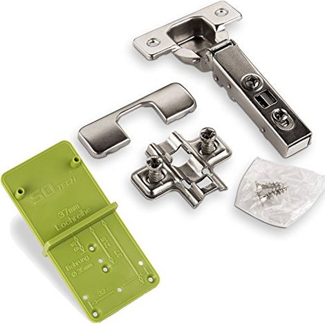 SOTECH Topfband T45 Eckanschlag 110° Automatikscharnier mit Schnellmontage - Technik, Schließautomatik und Dämpfer inkl. Ankörnschablone EasyGreen (1/4)
