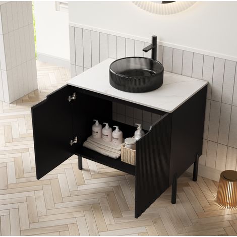 Lavabo de baño con mueble, lavabo redondo de cristal negro transparente, encimera de piedra sinterizada, blanco y negro (1/5)
