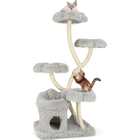 Torre per gatti autoportante tiragraffi in sisal, Albero per gatti con 4 piattaforme a forma di fiore Grigio (1/3)