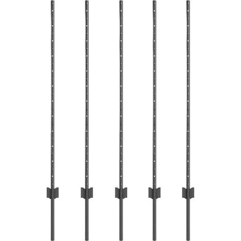 Poteaux de clôture. Cinq poteaux en acier gris de 120 cm.