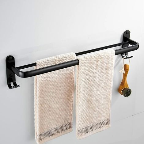 Porte-serviettes de salle de bain, porte-serviettes mural adhésif noir pour douche et cuisine, porte-serviettes étanche avec crochet (tige simple 40 cm)