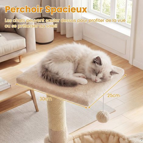 Arbre à chat 64 cm avec perchoir supérieur et hamac, poteaux à griffer en sisal naturel, balle suspendue - beige (1/5)