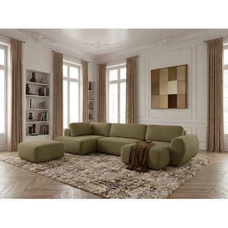 BOBOCHIC - Canapé panoramique convertible coffre DENISE tissu texturé avec pouf Angle droit  Vert (1/5)