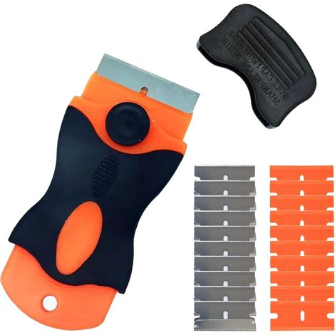 Grattoir de nettoyage avec capuchon, comprenant 10 lames en plastique et 10 lames en métal. Idéal pour retirer les anciennes étiquettes, les autocollants, le chewing-gum et le papier peint, et peut ég (1/5)