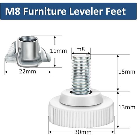 M8 12er-Pack weiße Schraubmöbelbeine mit Gewindeeinsatz, Stahlschraubenbeine mit T-Muttern für Tisch-, Stuhl- und andere Möbelbeine (1/5)