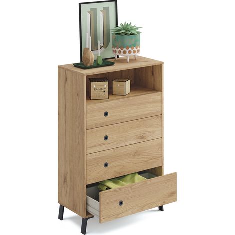 Commode de rangement 4 tiroirs coloris chêne doré - Hauteur 120 x Longueur 74.5 x Profondeur 40 cm -PEGANE- (1/4)