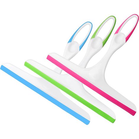 Lot de 3 grattoirs de douche, nettoyeurs de vitres pour salle de bain, portes, miroirs et pare-brise de voiture, en plastique épais et silicone.