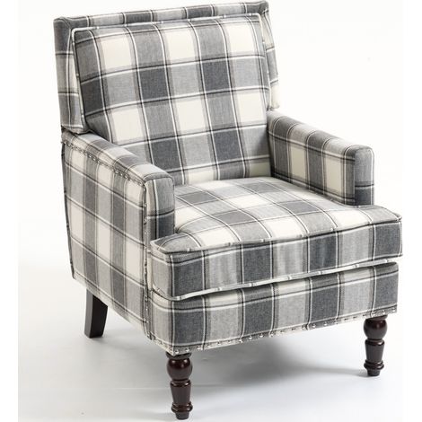 Poltrona vintage imbottita a righe grigie e bianche, struttura in legno e borchie (1/5)