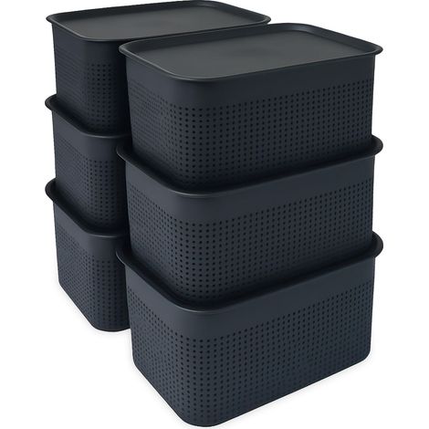 Bac de rangement, lot de 6, avec couvercle, plastique, 5 litres, H x L x P : 13 x 26,5 x 19 cm, noir (1/5)