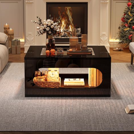707035cm quadratischer Wohnzimmertisch, ausgehöhlter Couchtisch in der Mitte, Teetisch mit Tischplatte aus gehärtetem Glas,Hochglanz LED Wohnzimmer Beistelltisch,Weihnachtsfeiertisch,Schwarz, MDF (1/5)