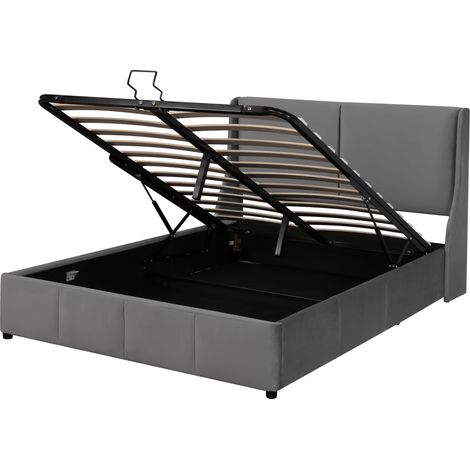 Lit rembourré, forme d'oreilles, tête de lit coussin, lit double, lit fonctionnel hydraulique, 140 x 200, gris (1/5)