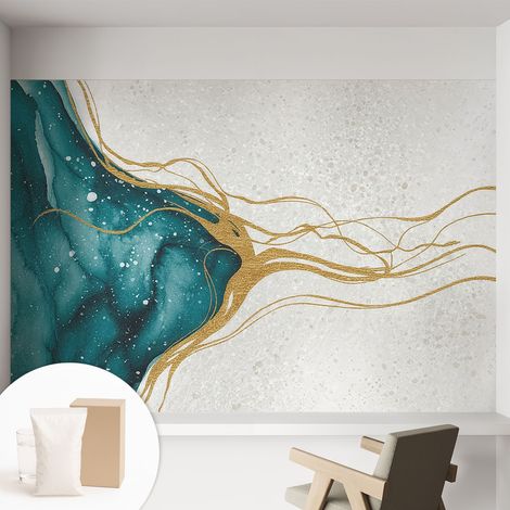 Papier peint intissé mural pour salon chambre à coucher tendance et originale - Colle incluse gratuite Lignes turquoise 152x104 cm (1/5)