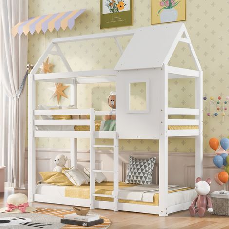 Kids Bunk Bed 3FT Tree House Bed Kids Bed Frames Cabin Bed with Safety Guardrail, Convertible Ladder Window for Kids, White (1/5)