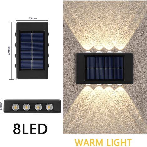 Lampe solaire d'extérieur (8 LED blanc chaud) - 4 LED, 6 LED ou 8 LED - Lumière chaude - Étanche - Applique murale - Éclairage vers le haut et vers le bas - Décoration lumineuse pour jardin extérieur (1/5)