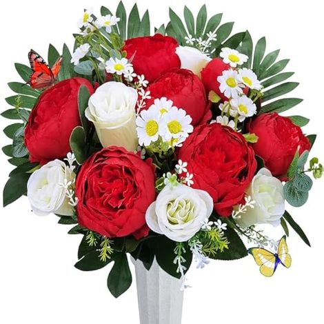 Fleurs artificielles pour cimetière avec vase, fleurs de cimetière pour vase funéraire, bouquet de pierres tombales commémoratives : pivoine rouge, mélange de roses blanches, résistant aux