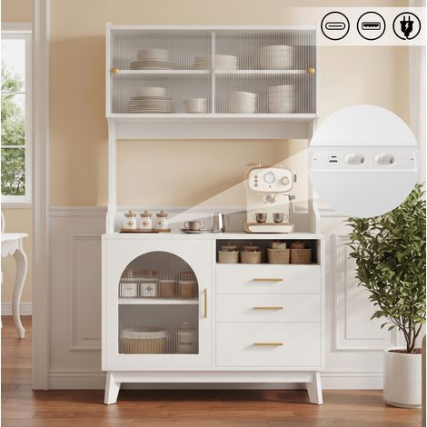 Buffet haut 100,5x40x178 cm en bois blanc, avec rangement pour salle à manger FloraGrace (1/5)