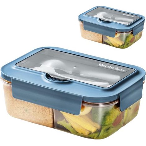Boîtes à lunch pour enfants et adultes - Lot de 2 boîtes à lunch à deux et trois compartiments - Compatibles micro-ondes - Boîtes à lunch avec couverts - Idéales pour les pique-niques, le camping, le (1/5)