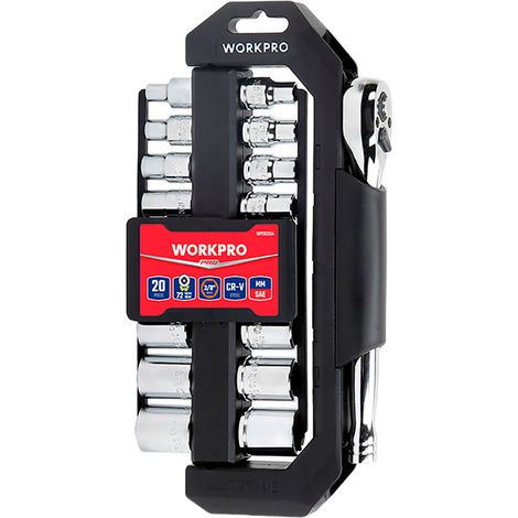 Llave de carraca y vasos 3/8 pulg, soporte giratorio, juego 20 piezas, métrico-sae