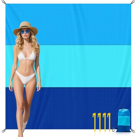 Esterilla de playa, manta de picnic de 200 x 210 cm con 4 estacas fijas, impermeable y resistente a la arena, ligera para acampar. (1/5)