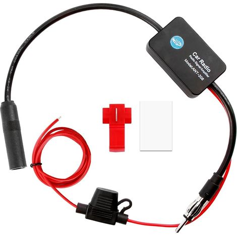 Universeller 12-V-Hochleistungs-Autoradioantennenverstärker (25 dB), rauscharmer Klebstoff und rote Klemme für Auto-FM-Radioantenne (1/5)