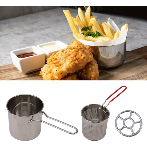 Miniaturfritteuse aus Edelstahl 304 mit tiefem Behälter und Siebeinsatz, bestehend aus Frittierkörper, Siebkorb und Kochrost. (1/5)