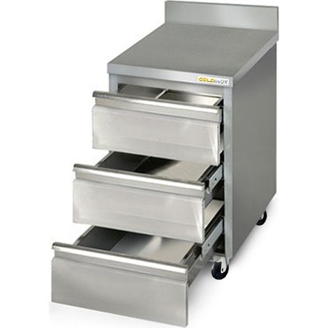 Meuble inox 3 tiroirs 500 x 700 mm adossée sur roulettes / GOLDINOX