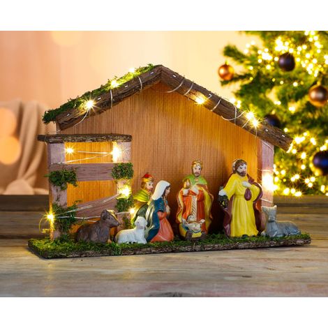 LED Weihnachtskrippe mit 9 Figuren - Krippe beleuchtet Krippenfiguren