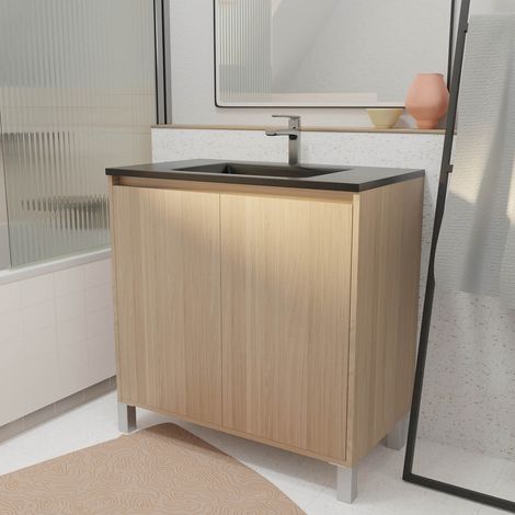 Mobile bagno da 80 cm 2 Ante Rovere Chiaro + Lavabo Ceramica Nera - XENOS