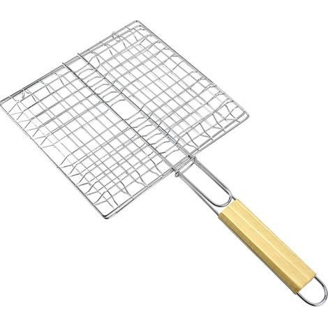 Panier de barbecue pour poisson – gril crevettes Acier inoxydable avec poignée en bois Outil cuisson résistant à la chaleur poissons, crevettes, légumes pliable --Chrom (1/5)