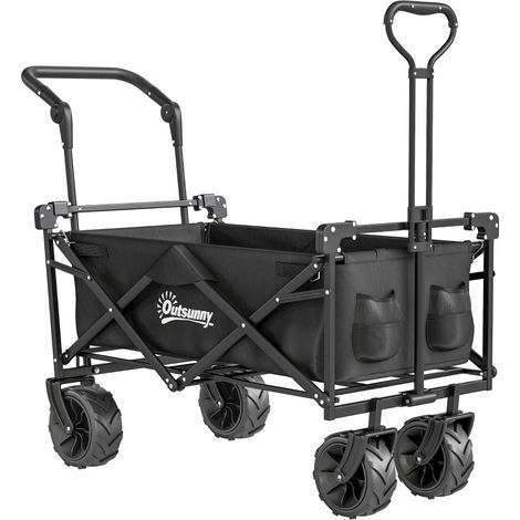 Folding Trolley Cart Storage Wagon Beach Trailer 4 Wheels with Handle Overhead Canopy Cart Push Pull for Camping, Black