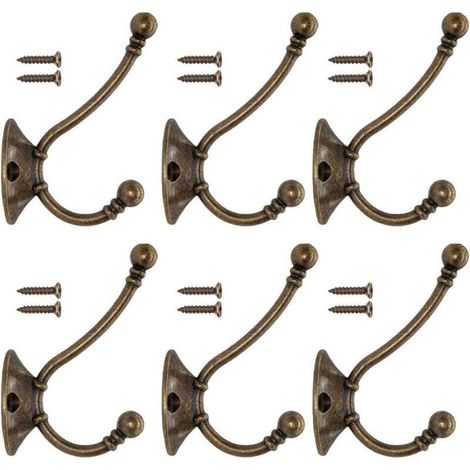 6 ganchos de pared vintage para abrigos, ganchos de metal para sombreros, perchero retro para baño y cocina, hierro fundido, latón, diseño bronce (tornillos incluidos) -Crezuo