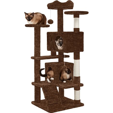 Homevive Árbol Rascador para Gatos 139cm con 3 Plataformas 2 nidos 2 Pompones Torre de Escalador con Postes en Sisal Ideal para 3-4 Gatos Marrón (1/5)