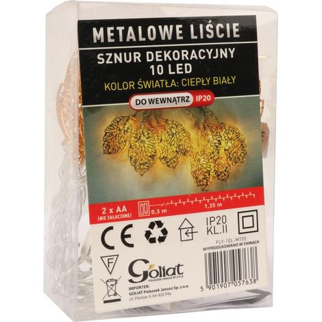 Guirnalda de luces LED para árbol de Navidad con hojas metálicas doradas, 10 bombillas, funciona con pilas. (1/2)