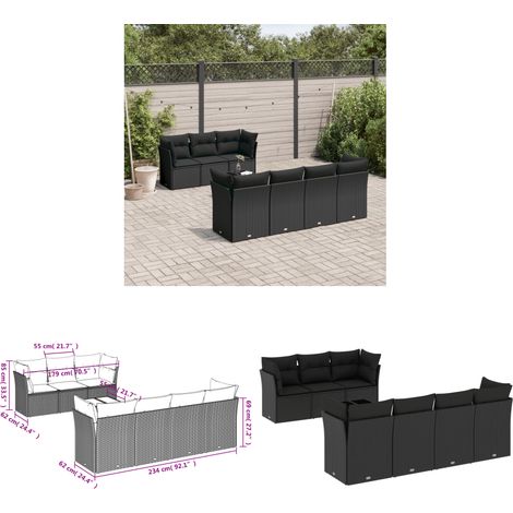 Salon de jardin 8 pcs avec coussins noir résine tressée - Salon De Jardin - Mobilier De Jardin - Set Salon De Jardin - Résine Tressée - Rotin Synthétique - Home & Living (1/3)