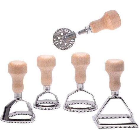 Coupe ravioli, coupe ravioli en bois avec manche et ustensiles à pâtes pour rouler les bords des pâtes - Lot de 5 (1/4)