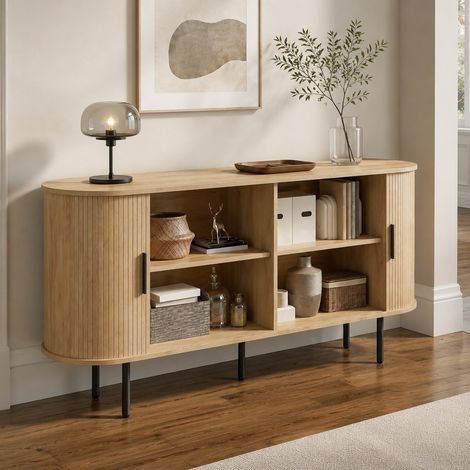 Credenza in MDF 140 x 40 x 78 cm con porte scorrevoli, effetto legno naturale DESVIAE (1/5)