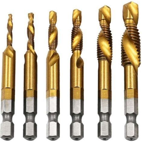 Jeu de tarauds combinés 6 pièces forets tarauds métriques HSS 4341 3 en 1 queue hexagonale pour le taraudage dans le bois plastique aluminium,de