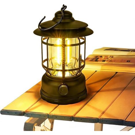 Lanterne de camping rechargeable, design rétro, variateur rotatif, étanche et portable, pour camping, randonnée et éclairage de secours, 290 g, 1 pièce, noir (1/5)